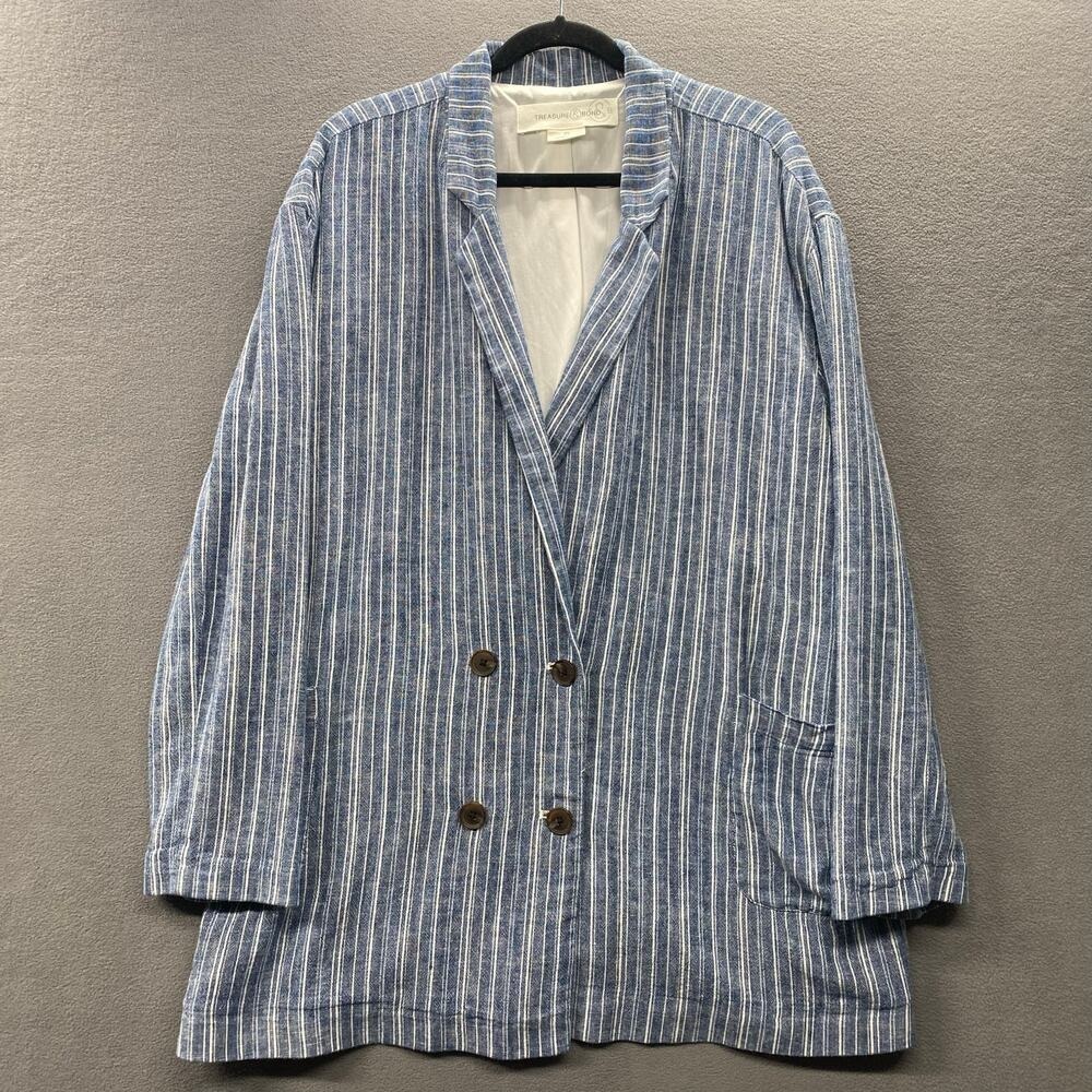 Treasure Bond Linen Blend Double Breasted Blazer‎ Womens 2X Blue Strpe Lagenlook